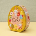 Scatola di latta piatta a uovo rosa e gialla con motivo di coniglio Happy Easter - Stile B