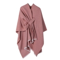 Close-up of pink knitted shawl with elegant tassel edges and soft fabric texture - Pink