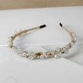 Close-up of golden headband featuring crystals, pearls and intricate beadwork detail - Style SJ003 / Beaded Chain White