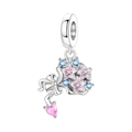 Silver flower charm with pink enamel stars, blue zircon, and heart-shaped pendant - Flower Bouquet