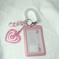 Pink heart-shaped glitter gradient ID card holder with spring coil and acrylic chain - Hollow Heart Vertical Case