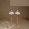 Detail of New Chinese style long tassel earrings with fan design and white pearl accents - E6421 (Gold/White Fan/Long Tassel/Red/Pearl)