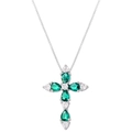 Macro view of cross pendant with pear-cut green gemstones and white cubic zirconia crystals - White Gold Color Green Zirconia Necklace