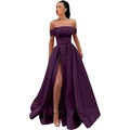 Detail of elegant dark purple satin evening gown with off-shoulder neckline and high slit - US size 14 / Top And Bottom / Purple