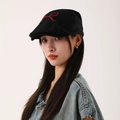 Sweet black cotton newsboy cap with red bow embroidery for women's stylish outfit - Black