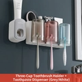 Wall-mounted toothbrush holder with three cups and an automatic toothpaste dispenser - 3-Cup Set + Gray Dispenser