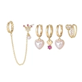 Golden 5-piece earring set with pink heart stones and crown charms in sweet feminine style - Heart Crown Pink Zircon 5-Piece Set