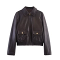 Damen Kunstlederjacke in Dunkelbraun mit Reverskragen und Pattentaschen auf weißem Grund - XS / Braun