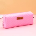 Pink quilted large capacity pencil case with chevron pattern and leather basic tag - Chevron Quilted / Quilted Pink