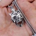 Hip hop style silver skull pendant necklace with crown detail and heavy metal square link chain - Big Skull