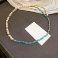 Baroque shell pearl necklace with sky blue cylinder beads and gold-tone spacers - Gold Blue White Beaded Necklace (125#)