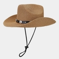Wide brim straw cowboy hat with black leather band and adjustable chin strap - Khaki