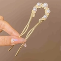 Épingle à cheveux dorée en U ornée de perles élégantes et monture en métal minimaliste - Dragon Enroulé avec Perle Artificielle / Or