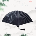 Classic black bamboo folding fan featuring painted bamboo and dragonfly with tassel - Breeze Bamboo Shadow
