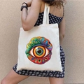 Weiße Canvas-Tasche mit buntem Graffiti Greek Evil Eye Aufdruck und Schulterriemen - STD1804-A Bunter psychedelischer Augapfel