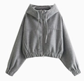 Detail of light gray zip-up cropped hoodie featuring metallic zipper and ribbed cuffs - S / Gray Hoodie