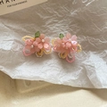 Detailed view of pink flower earrings with green leaf beads and a delicate tassel finish - Silver Earring Post Pink 3D Flower Stud (73#)