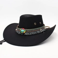 Western black wide brim cowboy hat with turquoise beads and ethnic tassel trim - M One Size / Black
