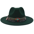 Detail of dark green cowboy hat with bohemian ribbon, fringe and large turquoise stone - Dark Green (Ethnic Decorative Band)