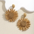 Handmade raffia sunflower drop earrings in bohemian style with natural woven texture - Cream Brown Vacation Style Sunflower Earrings