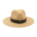 Chapeau de paille beige avec bandeau en cuir, crâne de taureau et broderies florales - Poche zippée