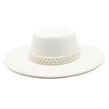 Detail of white wide brim felt hat featuring elegant triple-row pearl beaded trim - Adult 57-59cm / White