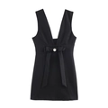 Elegant sleeveless deep V-neck black mini dress with bow and rhinestone waist detail - XS / Black