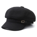 Classic black waffle texture baker boy cap with leather strap and gold buckle detail - Black