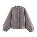 Knitted bomber jacket with puff sleeves and ruffled collar in taupe color on white background - S / Tops