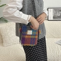 Detail shot of the colorful plaid plush crossbody bag with branded label on the front - Multi Color Grid