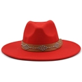 Red wool felt jazz hat with 9.5cm wide brim and studded brown leather decorative band - M (56-58cm) / Red