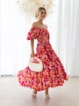 Abito lungo floreale rosa e arancione con spalle scoperte e maniche a sbuffo - Rosso Floreale