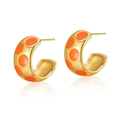 Elegant C-shaped 18K gold brass hoop earrings with vibrant orange polka dot enamel finish - Orange Polka Dot C-Shape (KE0720-1)