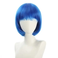 Detail view of a short blue bob wig with neat bangs on a mannequin head model - Blue
