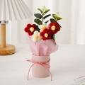 Handgefertigter gehäkelter Puffblumenstrauß in einem rosa Geschenkeimer für Valentinstag - Feenblume / Rote Puffblume (Runder Eimer + Fenstertasche + Licht)