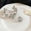 Silver textured flower open bangle and ring set with brushed metallic finish - Hollow Flower Bangle and Ring Set (HB5005)