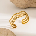 Minimalist three-layer wave open bangle with hammered gold finish for women - Gold 3-Layer Wave