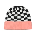 Detailed knit texture of checkerboard beanie with ribbed coral pink cuff edge - Pink