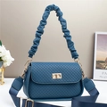 Dark blue quilted small square handbag with ruched handle and woven shoulder strap - Blue