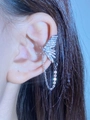Silver butterfly wing ear bone clip with sparkling rhinestones and long chain tassel - Left Ear Tassel Pave Butterfly (7419) / White K/Silver