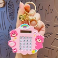 Pink cloud-shaped mini calculator keychain with strawberry bear charm and golden bell - Hugging Heart Bear Computer - Pink