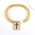 Detail of gold beaded bracelet with a pavé rectangle cross charm and an irregular white pearl - Dark Blue Cross Pendant