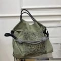 Olive green nylon paisley embroidered tote bag with woven handles and drawstring detail - Army Green Paisley