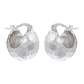Detailed close-up of silver hammered metal hoop earrings with hollow spherical texture - VE1042 Faceted Geometric / White Gold