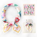 70cm floral silk-feel square scarf with pink flowers, palm leaves, and bees design - 70*70cm / White