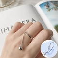 Silver metallic open ring featuring a delicate chain with a round bead charm pendant - JZ7734 Silver Thin Chain Pendant Bead Ring