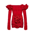 Red off-shoulder long sleeve swimsuit with 3D rose flowers and pleated details - S / Long Sleeve Set / Red