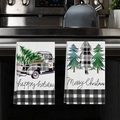 Christmas kitchen dish towels with vintage truck and tree designs on oven handle - Retro Pickup and Tree Style (MJBT66-63) / 2 Pieces/Pack (40*60cm)