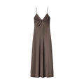 Mocha satin midi slip dress with V-neck twist detail on a clean white background - S / Dark Brown