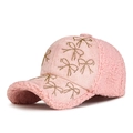 Pink winter baseball cap with sherpa fleece and golden rhinestone bow detail - Adjustable / Pink